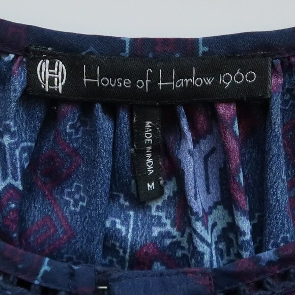 House of Harlow 1960 Navy Geo Print Cold Shoulder Puff Sleeve Top Blouse Medium - Picture 8 of 11